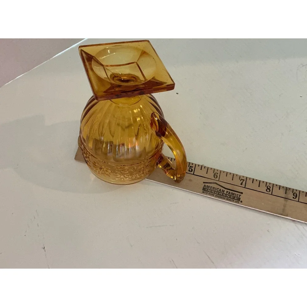Tiara Vintage Amber Glass Creamer Sandwich Pattern Floral Square Base Small